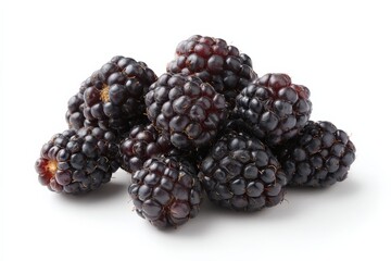 A pile of ripe blackberries on a white background.