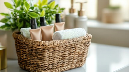 Fototapeta premium Beauty product tubes with plain packaging in a woven basket on a vanity table
