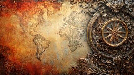 Detailed world map with ornate vintage compass rose for travel and discovery