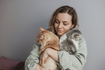two cats sitting on a person's hands. pet love and affection, human care