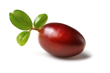 Single ripe red fruit with green leaves on white background.