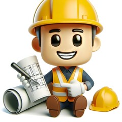 3D Worker Mascot with Yellow Safety Gear Showing Architectural Blueprint