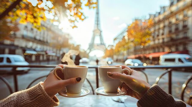 hands holding coffee on the background of the Eiffel Tower. Selective focus