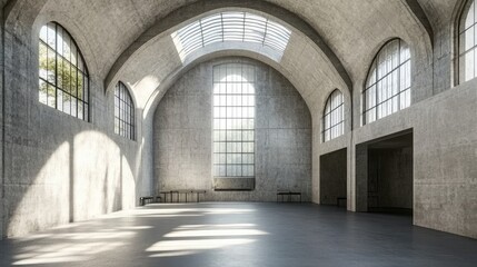 Fototapeta premium Concrete walls and high ceilings with skylights inside an industrial storage facility
