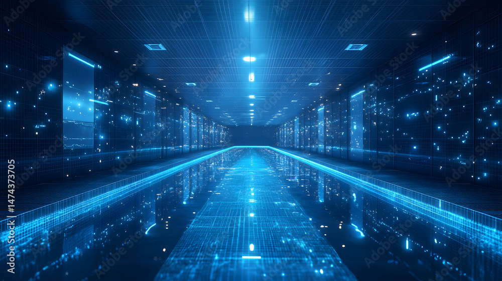Leinwandbilder Step into a neon-lit future with this data center hallway. Rows of server racks and reflective floors create a stark, modern technological environment. Abstract wireframe in dark blue