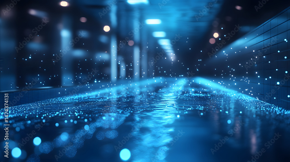 Aufkleber Abstract pool scene featuring radiant blue illumination and shimmering water. Tiled edges and blurred lights create a futuristic, cool-toned ambiance. Abstract wireframe in dark blue.