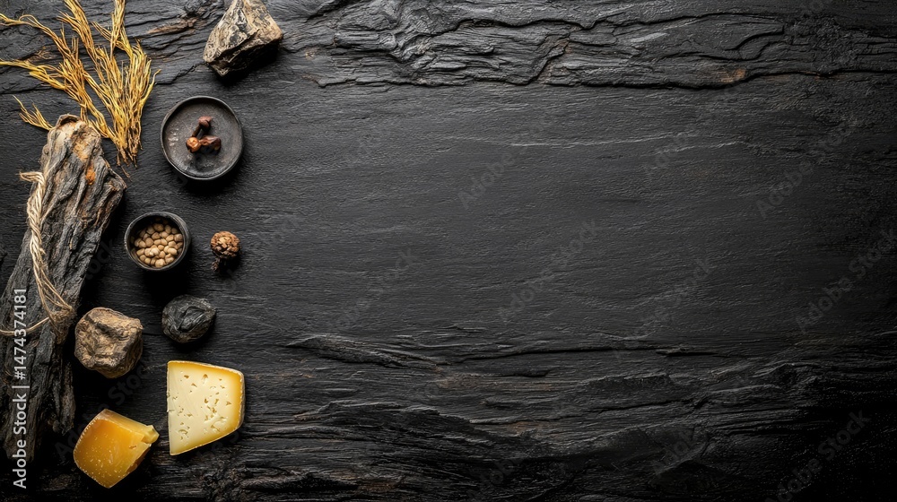 Poster top view of gourmet cheese display on black rustic wood, rich textures and space for typography