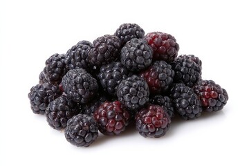 A pile of ripe blackberries, dark and juicy, on a white background.
