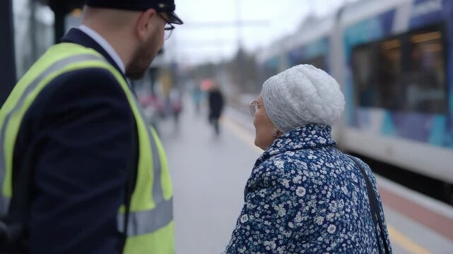 Elderly woman in floral coat interacts with train conductor at railway station, highlighting moment of assistance and connection in travel and community.