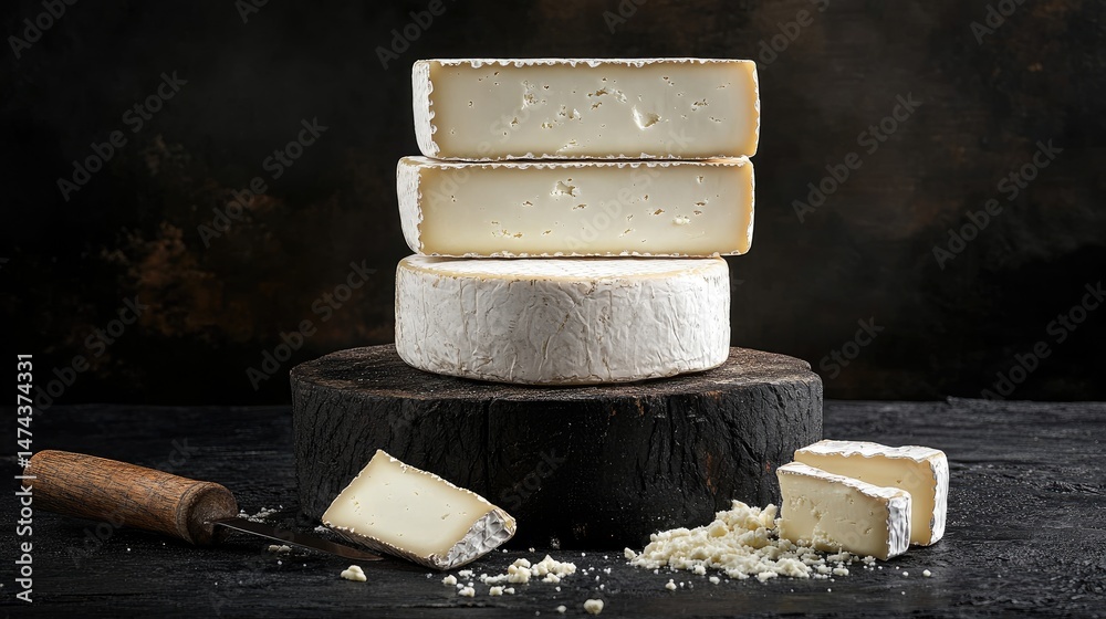 Poster top view of gourmet cheese display on black rustic wood, rich textures and space for typography