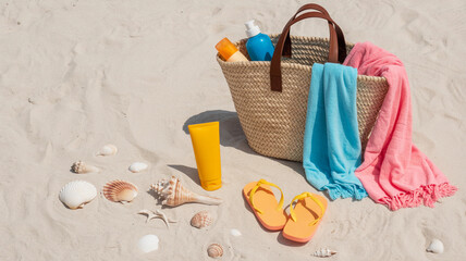 Straw Beach Bag with Towels and Flip Flops on Sand