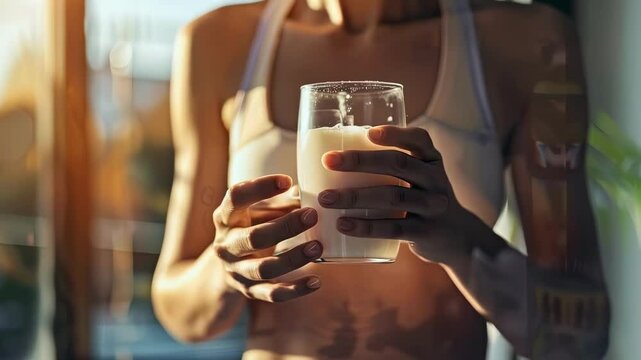 close-up of a girl athlete holding a protein shake. Selective focus