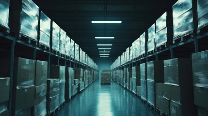 Obraz premium Expansive warehouse interior with stacked pallets of sealed cardboard boxes under bright fluorescent lighting