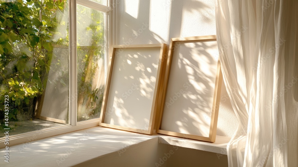 Poster two blank wooden frames resting on a white shelf against a sunlit window with soft curtains