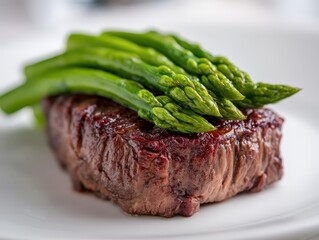 Juicy grilled steak topped with fresh green asparagus on a clean white plate presented in a professional culinary setting showcasing sumptuous gourmet food captured with clarity