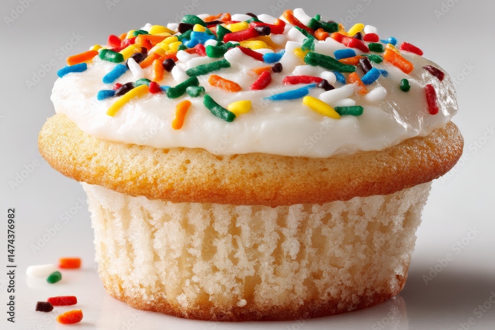 Poster delicious vanilla cupcake with colorful sprinkles on creamy frosting displayed on a simple backgroun