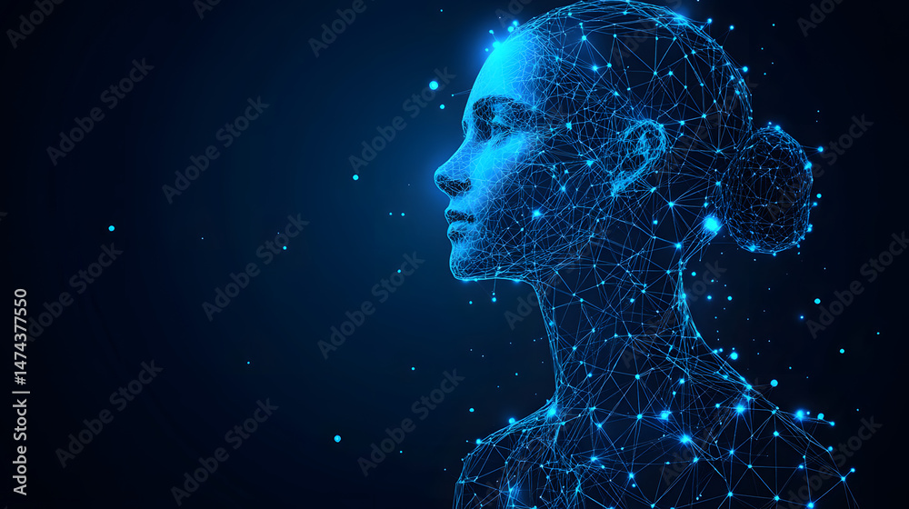 Poster futuristic digital portrait of a woman in profile, constructed from glowing blue lines and nodes aga