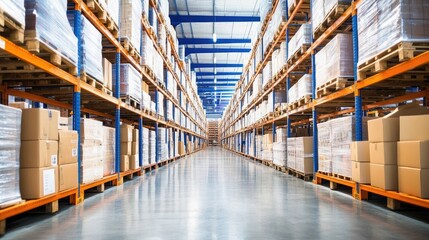 Fototapeta premium High bay storage area with automated systems and towering racks of inventory