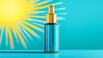 Skincare Bottle on Blue Backdrop with Yellow Sunburst Accent