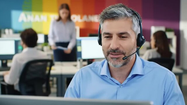 Friendly male call center agent with a headset provides customer support or sales assistance in a busy office environment, representing communication, service industry and corporate operations