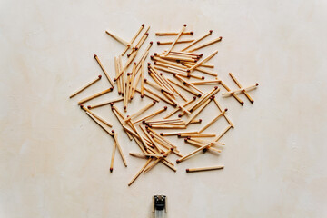 Conceptual image series using matches — new, burned, and burning — to represent stages of burnout, emotional fatigue, and mental exhaustion