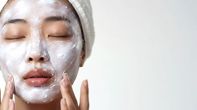 Asian woman with a towel on her head gently applies a white creamy face mask with her fingers, showcasing a skincare ritual for healthy skin and a concept for beauty and wellness