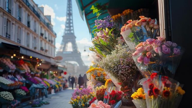 shop window with flowers on the background of the Eiffel Tower. Selective focus