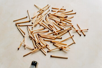 Conceptual image series using matches — new, burned, and burning — to represent stages of burnout, emotional fatigue, and mental exhaustion
