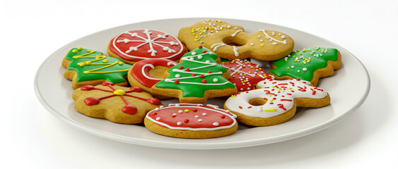 Delicious plate of christmas cookies decorated with festive holiday frosting and sprinkles