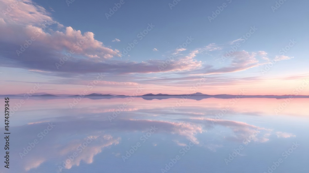 Aufkleber 柔らかいピンク色の雲が反射する穏やかな水面の広大な風景 夕暮れ時の穏やかな空の景色と地平線