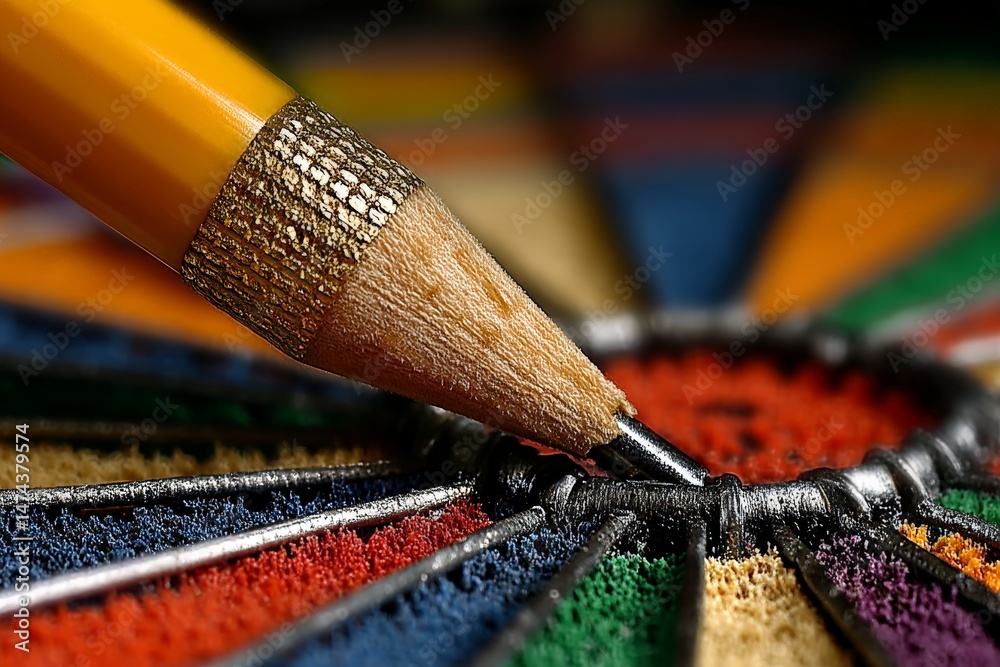 Poster sharpened pencil poised above colorful dartboard in a playful setting revealing vibrant hues and org