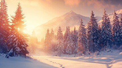 Snowy winter scene with sunlit trees, mountain backdrop, and footprints in the snow