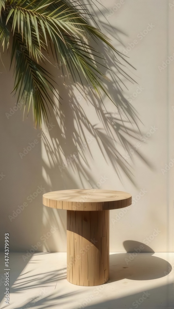 Aufkleber ミニマリストの木製円形テーブルとヤシの木の影が白い背景に落ちている自然光