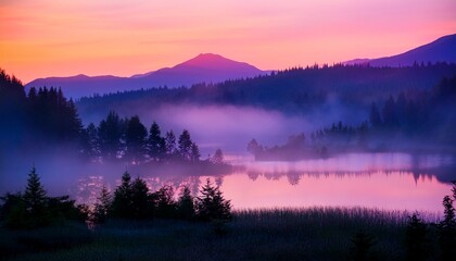 Fototapeta premium misty lake sunrise a tranquil mountain landscape with pink and purple hues