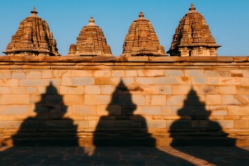 Ancient temples casting long shadows at sunset