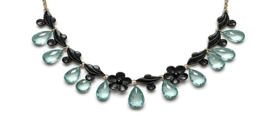 Obraz premium Elegant floral necklace featuring black metal accents and teardrop shaped gemstone pendants on white background
