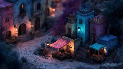 Miniature mediterranean townscape with colorful buildings and glowing lanterns