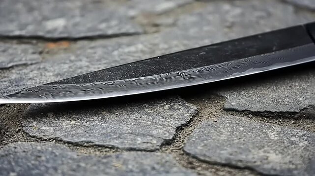 A Sharp Macro Shot of a Damascus Blade Resting on Cobblestone Surface
