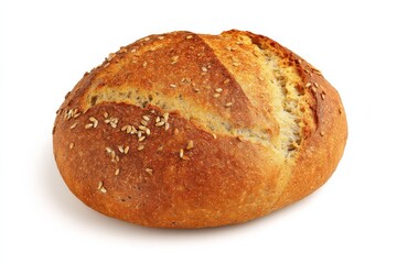 Artisan sourdough bread, sprinkled with seeds, sits on a white background.