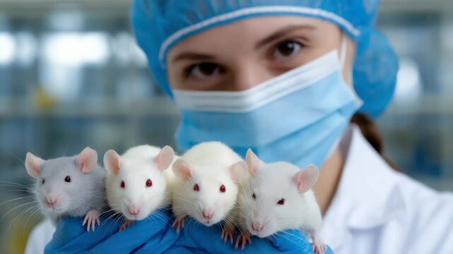 Laboratory Technician Showcases Four White Fur Rats with Red Eyes in Scientific Research on Animal Studies