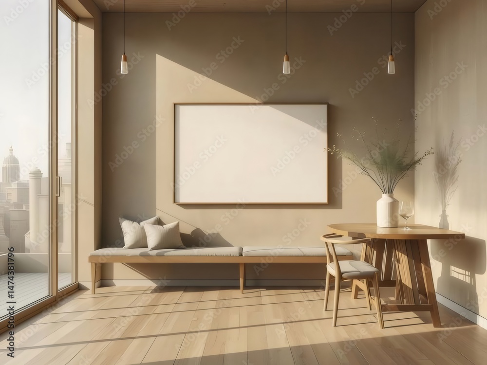 Poster 自然光が差し込むベージュのインテリアの部屋に木の床のベンチと白い壁のアートワーク フレームのある都会的なスカイラインの背景