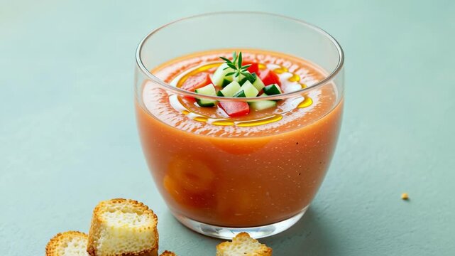 Refreshing gazpacho soup served in a glass, garnished with cucumber, pepper and olive oil, with croutons nearby, highlighting healthy summer cuisine, vegetarian dishes and mediterranean diet