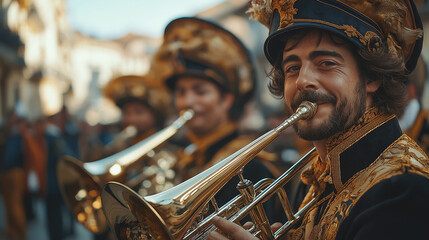 Fototapeta premium San Fermin Festival Brass Band Parade with Musicians in Traditional Uniforms