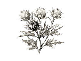 Vintage sea holly illustration, detailed engraving, trendy floral sketch, nature-inspired vintage decor, hand-drawn sea holly bloom, antique floral print, classic engraving style