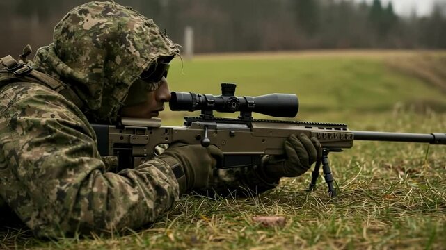 Soldier in camouflage lies prone in a field, aiming a sniper rifle with a scope, embodying precision, tactical operations and military engagement or security training scenarios