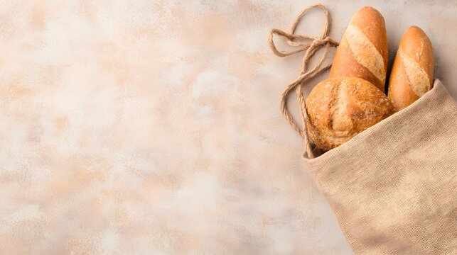 Top View of Reusable Cloth Bag with Folded Bread on Beige Surface