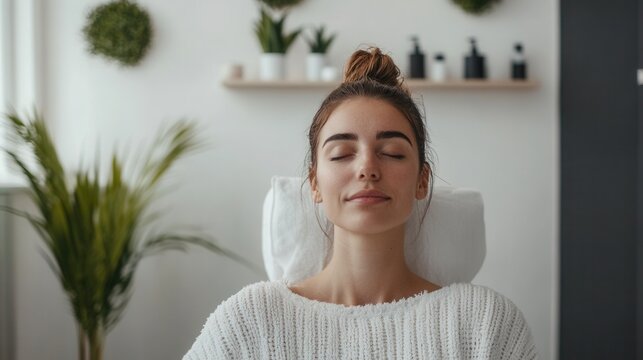 Young woman visiting wellness spa or modern aesthetic clinic, minimalism, holistic health focus 