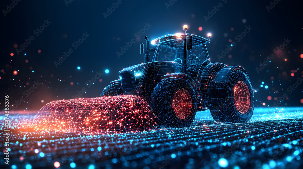 Fototapete Futuristic wireframe tractor concept for modern agriculture. High-tech farming illustration with glowing elements depicts advanced technology in fieldwork. Abstract wireframe in dark blue.