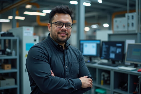 A Latinx CAD Specialist in a Cutting-Edge Factory Portrait - Powered by Adobe
