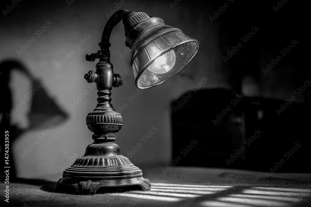 Poster illuminated vintage desk lamp casting shadows in a dimly lit room during evening hours